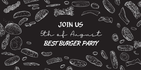 Vector hand drawn burger ingredients drawn separately on black background. Bun, bread, lettuce, onion, tomato, cheese, egg, cucumber. Food background easy to edit. Only outline.