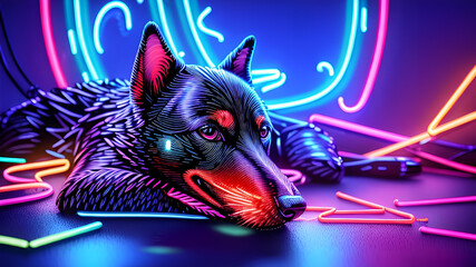 Retrato perro de neón multicolor