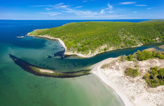 Aerial view to mouth of a river Ropotamo in Black Sea, Bulgaria