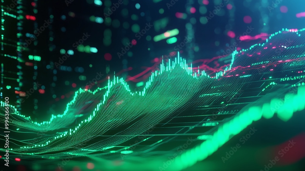 Poster abstract digital stock market graph with glowing lines and data visualizations on a dark background.