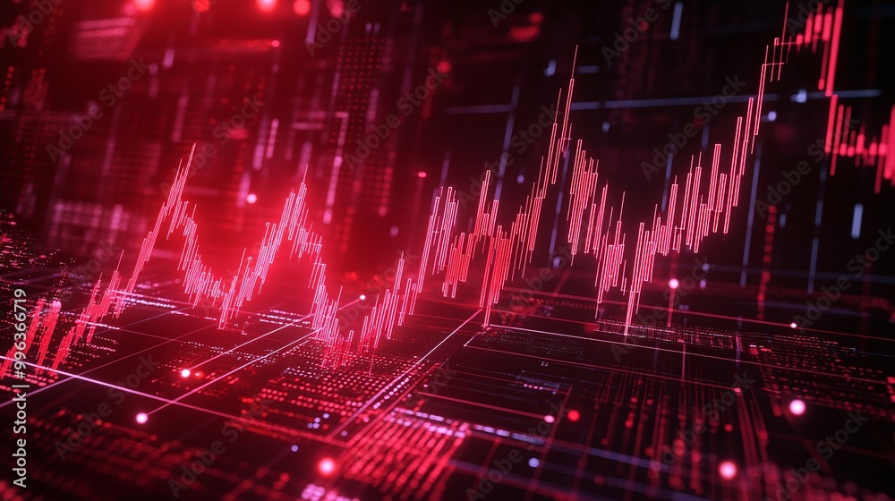 Poster abstract digital stock market graph with red lines and data points on a dark background.