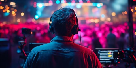 Live TV Production with Engaged Audience, Producer in Focus, Warm Lighting Amplifying Event Energy, Blurred Cheering Fans in Background