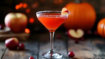 A close-up of a red apple cider martini with a sugared rim and apple slice garnish.