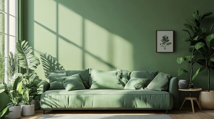 A cozy green sofa in a modern living room, complemented by lush plants and soft sunlight streaming through large windows.