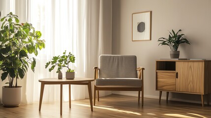 A cozy living room setting featuring plants, natural light, and stylish furniture, perfect for relaxation and comfort.