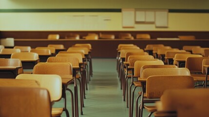 A high school classroom with neat rows of wooden desks and chairs, empty and quiet, waiting for students to arrive.