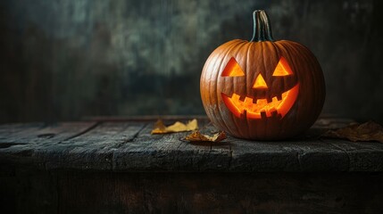 Halloween greetings a carved pumpkin perched on a rustic surface against a shadowy background evoking a spooky atmosphere
