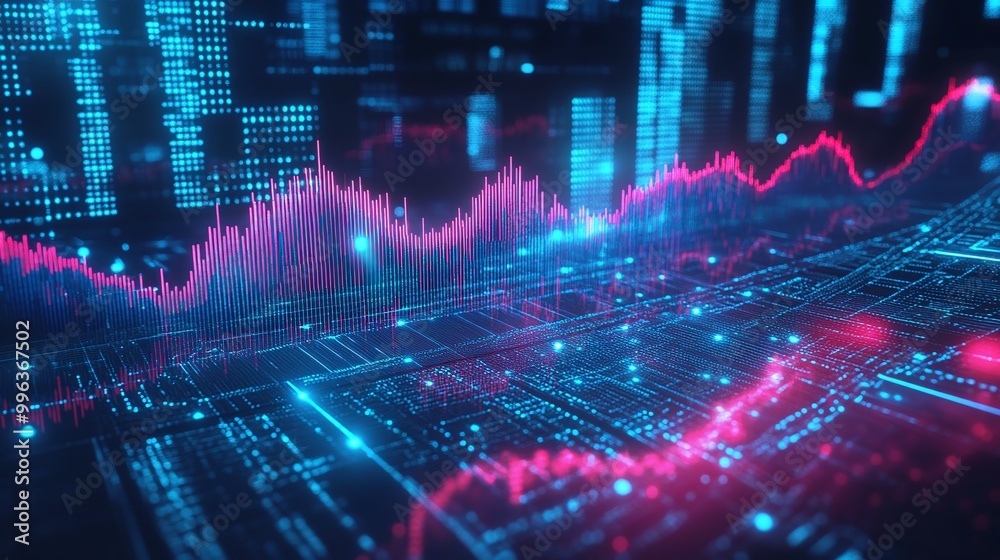 Poster abstract digital technology background with glowing data visualizations and graphs representing fina
