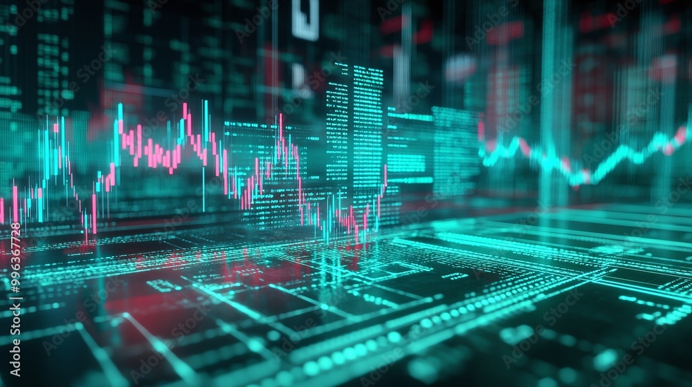 Poster abstract digital trading analysis with glowing graphs on a grid background, showcasing modern data v