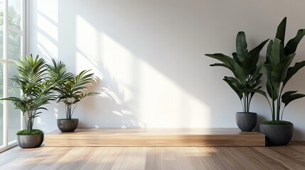 Fototapeta premium Bright and modern interior with wooden floor and greenery. Perfect space for relaxation and creativity under natural light.