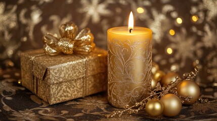 Gold celebration candle and gift box on a decorative background