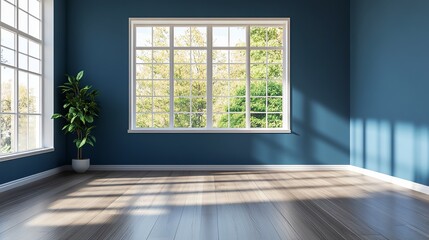 Bright and spacious room with large windows showcasing natural light and greenery, perfect for modern interior designs.