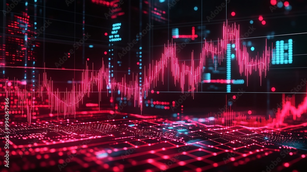 Poster abstract digital trading graph with dynamic red and blue data visualization on a dark background.