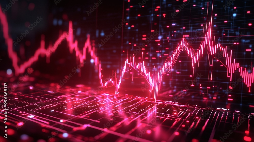 Poster abstract digital trading graph with red lines representing stock market trends and data analysis.