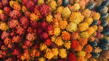 An amazing aerial view of a vibrant autumn forest, with a patchwork of red, yellow, and orange trees.