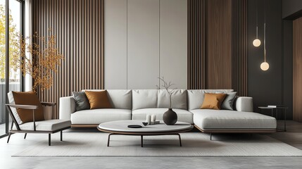 Elegant modern living room featuring a stylish couch, wooden accents, and minimalistic decor for a cozy atmosphere.