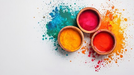 Colorful bowls of powder paints on white background, perfect for festivals and celebrations.