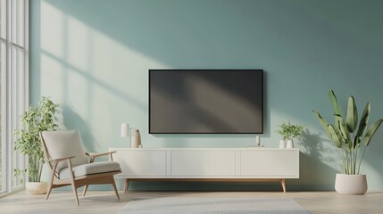 Modern living room design featuring a sleek television, elegant furniture, and a soothing color palette.