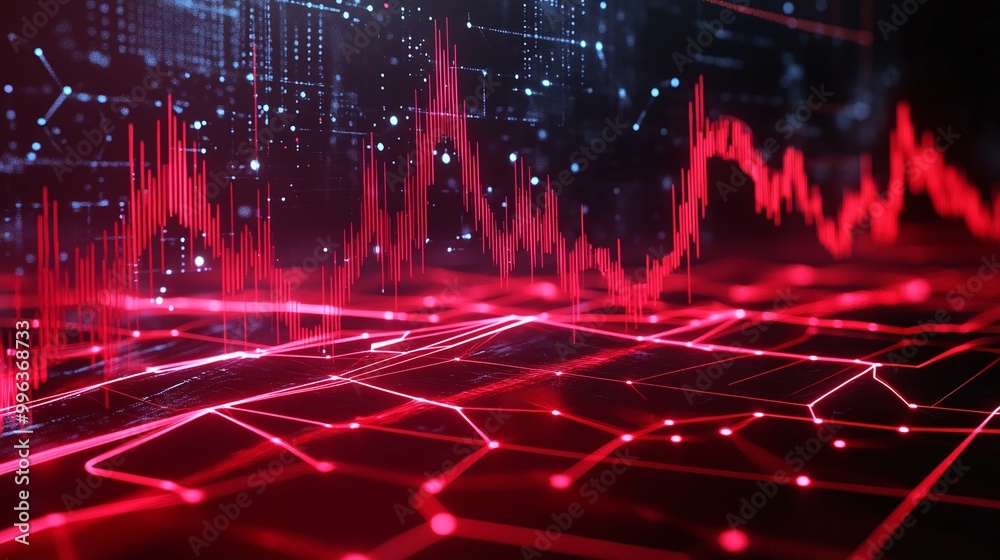 Poster abstract digital visualization of data flow with red lines and geometric patterns on a dark backgrou