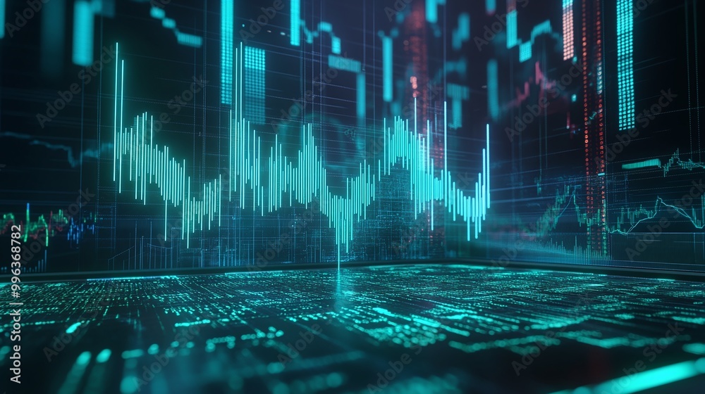 Poster abstract digital visualization of data, featuring glowing waves and patterns on a futuristic grid.