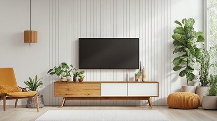 Modern living room with sleek furniture, large TV, plants, and warm tones for a cozy, stylish atmosphere.