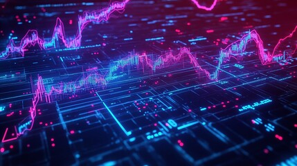 Abstract digital visualization of data trends and graphs in vibrant neon colors.