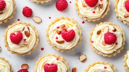 Top view of mini tartlets featuring creamy frosting garnished with raspberries almonds and heart shaped sugar sprinkles