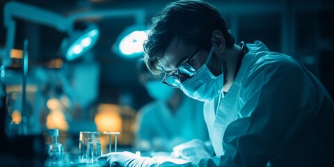 Veterinarian mentoring intern in a bright surgical environment, focused on a procedure with an operating table in the background.