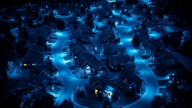 Aerial view of a suburban neighborhood at night, bathed in a soft, eerie blue light. The streets curve through the rows of houses, with a few warm lights glowing from some windows.