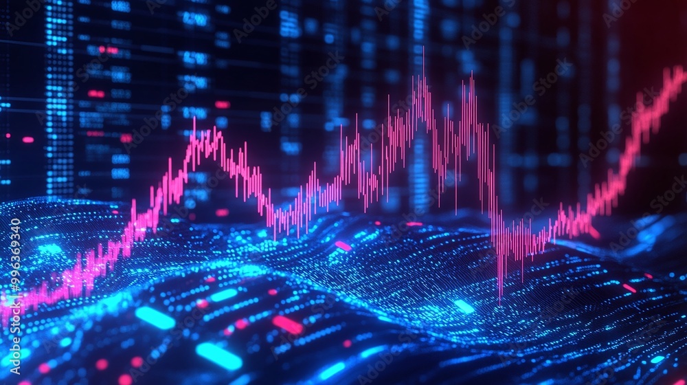 Poster abstract digital visualization of financial data with vibrant color waves and graph patterns on a da
