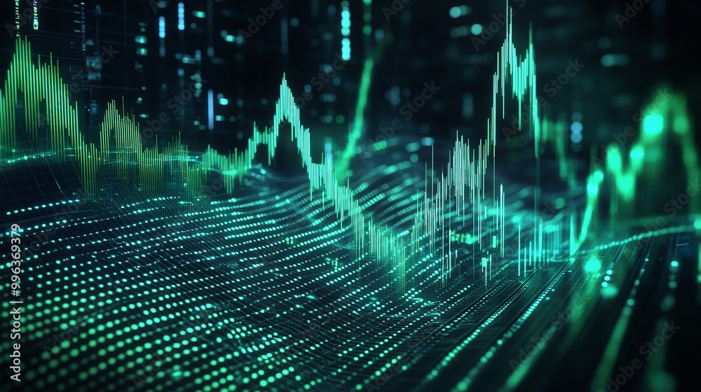 Poster abstract digital visualization of green data waves and graphs in a futuristic style.