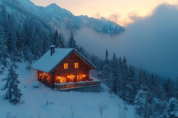Winter features a wooden cabin nestled in snowy mountains with towering peaks and a sunset sky.