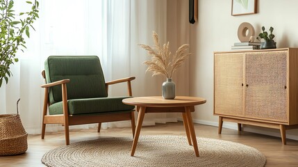Stylish interior showcasing a green chair, wooden table, and decorative elements in a cozy living room setting.
