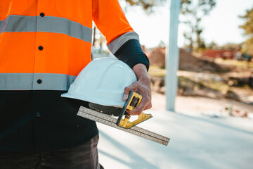 Construction worker holding a white helmet and measuring device at construction site.