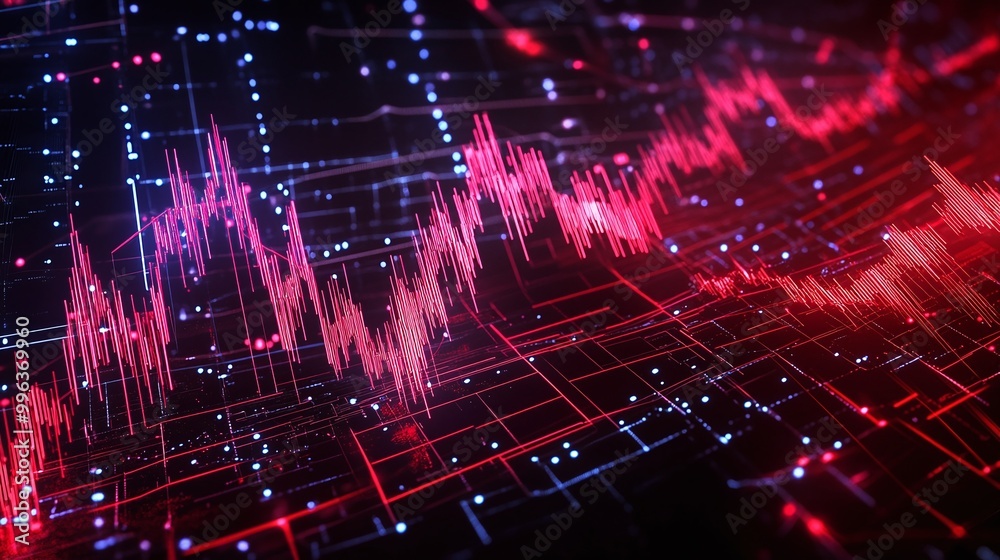 Poster abstract digital visualization with vibrant colors displaying waveforms and data patterns on a dark 