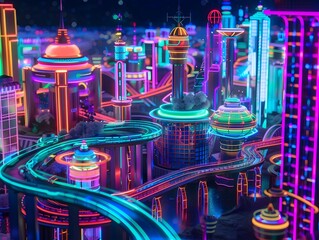 Neon Sci Fi Theme Park in Glowing Futuristic City Landscape with Virtual Reality Attractions