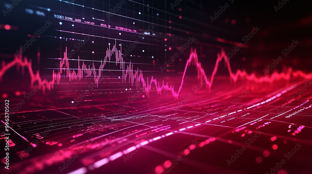 Poster abstract digital wave graph in vibrant red with glowing elements on a dark background, representing 