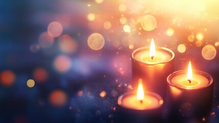 Candle lights shine against a blurred festive backdrop creating a decorative and abstract setting for celebrations Ideal for holiday themed banners with ample space for text