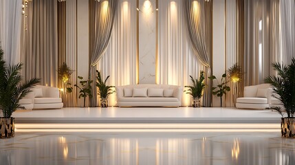 Elegant Wedding Stage Decor with White and Gold Accents