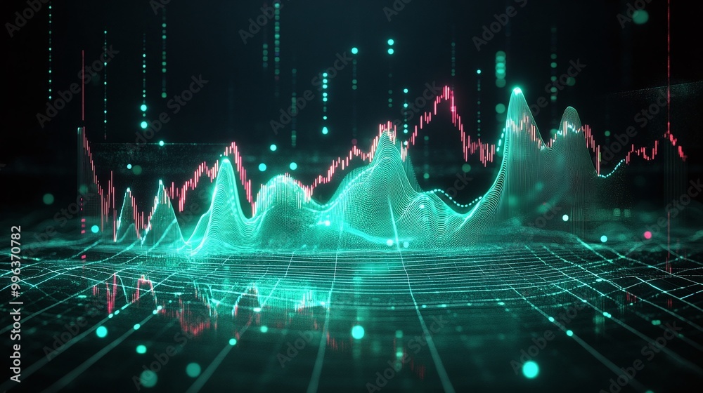 Poster abstract digital wave graph visualization representing data analysis and information flow.