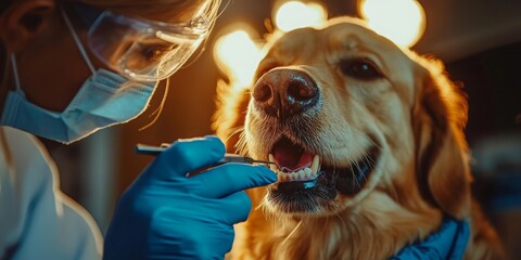 Veterinarian conducting a dental examination on a dog, dental tools softly blurred in the background, bright lighting enhancing the scene