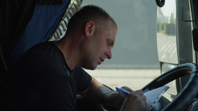 The driver carefully fills out the documents while sitting in the cab. High quality 4k footage