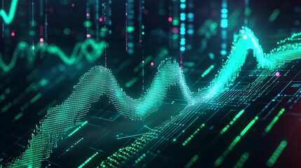 Abstract digital wave graphic with vibrant green and blue lines on a dark background, representing data flow.
