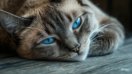 Close up image of an older gray cat with blue eyes resting on a wooden floor featuring a shallow depth of field