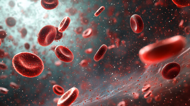Zbliżenie na kom&oacute;rki krwi ukazuje r&oacute;żnorodność ich kształt&oacute;w i funkcji. Erytrocyty, żywe i elastyczne, sprawnie przemieszczają się przez wąskie naczynia krwionośne.
