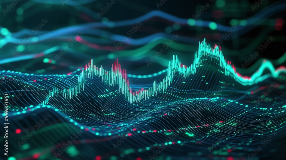 Poster abstract digital wave pattern visualizing data and analytics in vibrant colors.