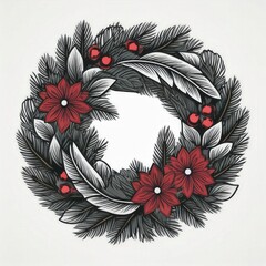 Elegant Christmas Wreath Illustration with Red Berries, Greenery, and Festive Bow Perfect for Holiday Cards, Invitations, and Seasonal Decor. Vector Icon Png 