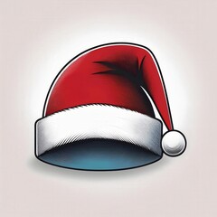 Classic Red Santa Hat with White Fluffy Trim and Pom-Pom, Hand Drawn Illustration with Bold Shading on a Minimalist White Background. Festive Christmas Designs and Holiday Season Themes Vector Icon