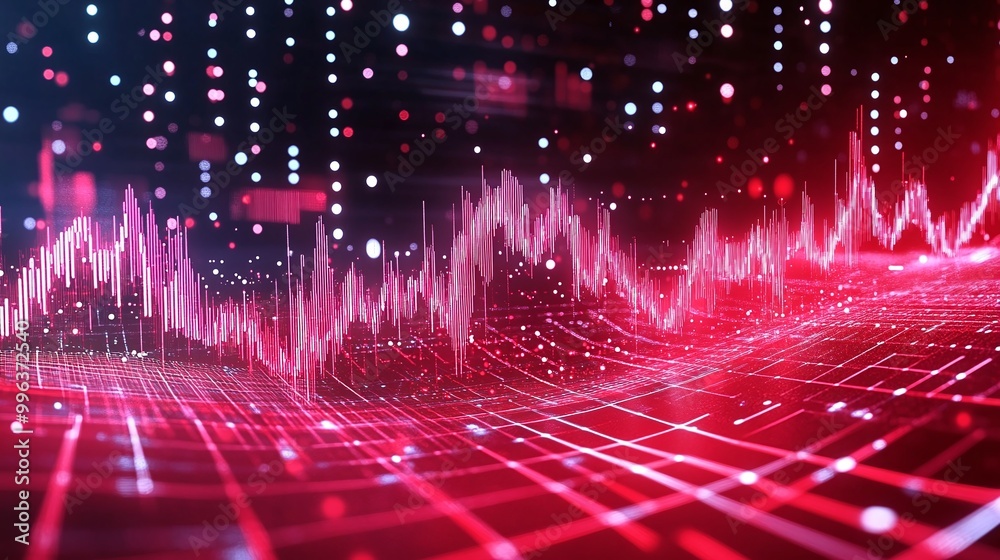 Poster abstract digital wave pattern with vibrant colors, representing data visualization and sound waves.