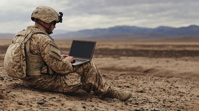 Soldier With Laptop in Remote Desert During Operation Generative AI